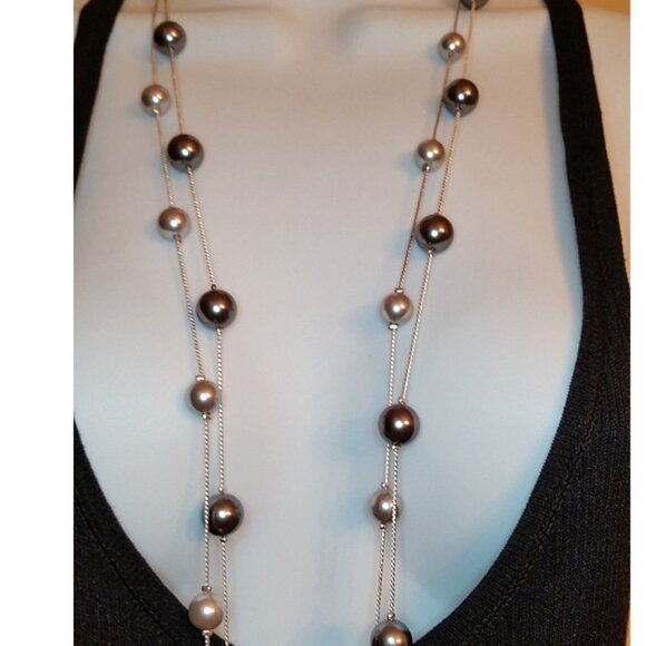 𝅺RMN  double layer silver tone faux pearl necklace costume jewelry layered - Picture 2 of 4